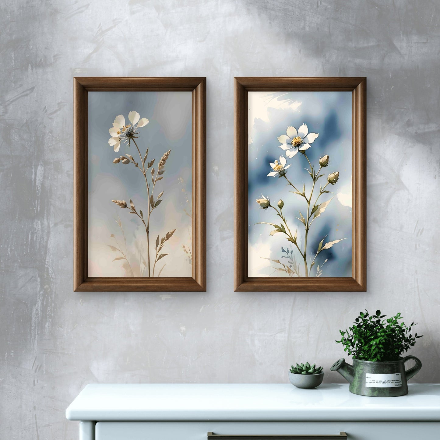 Blue Botanical Wall Art Set of 2 – Neutral Floral Prints – Modern Living Room & Bedroom Decor - Byeutifull Art