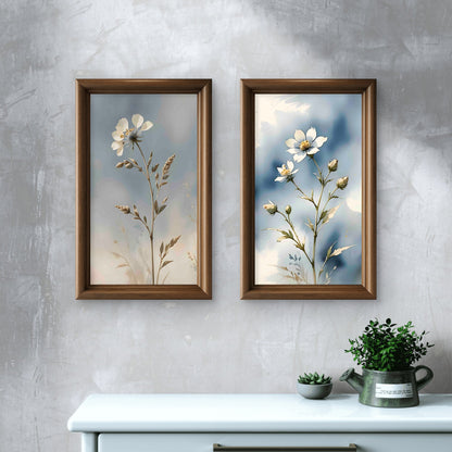 Blue Botanical Wall Art Set of 2 – Neutral Floral Prints – Modern Living Room & Bedroom Decor - Byeutifull Art