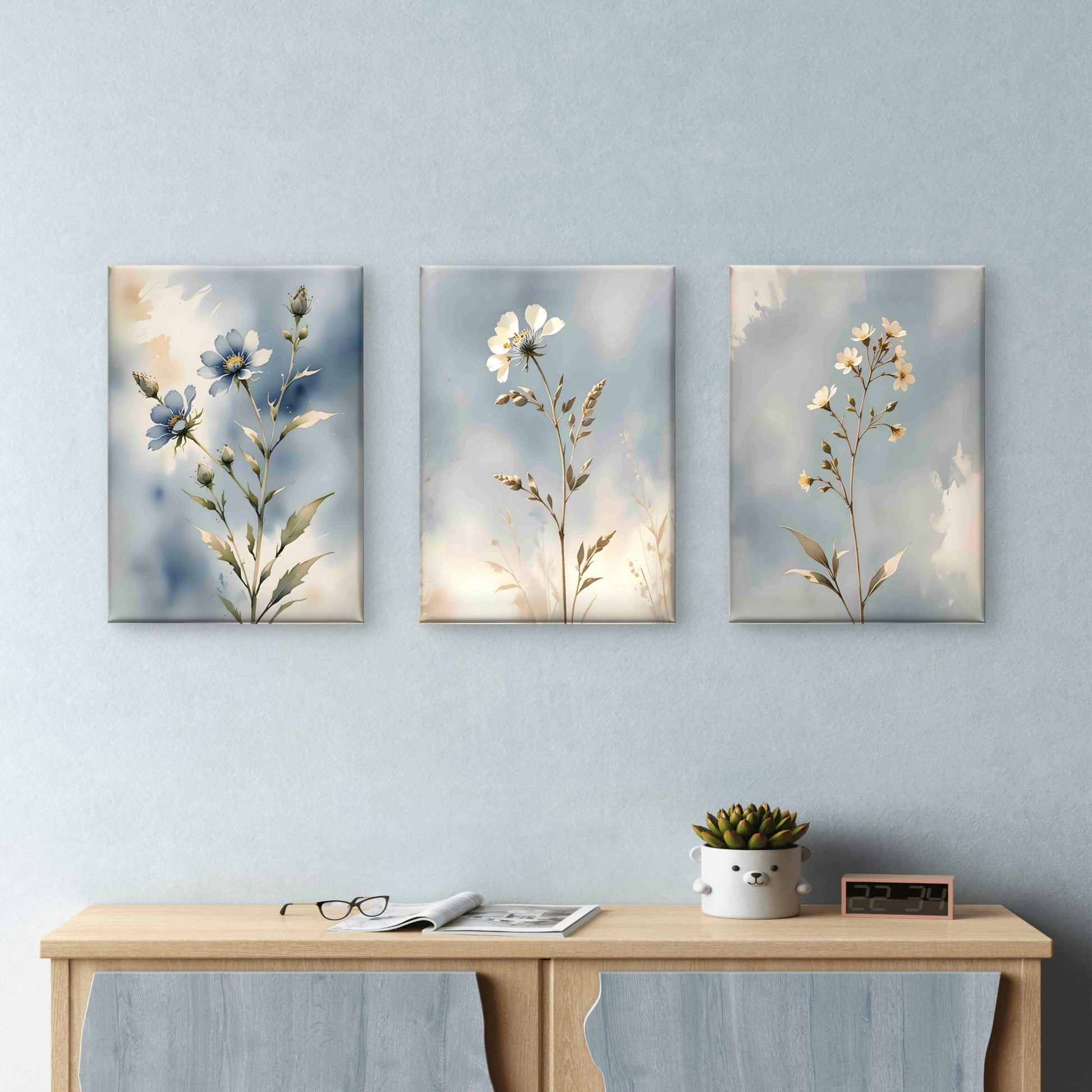 Blue Botanical Wall Art Set of 3 – Neutral Floral Prints – Modern Living Room & Bedroom Decor - Byeutifull Art