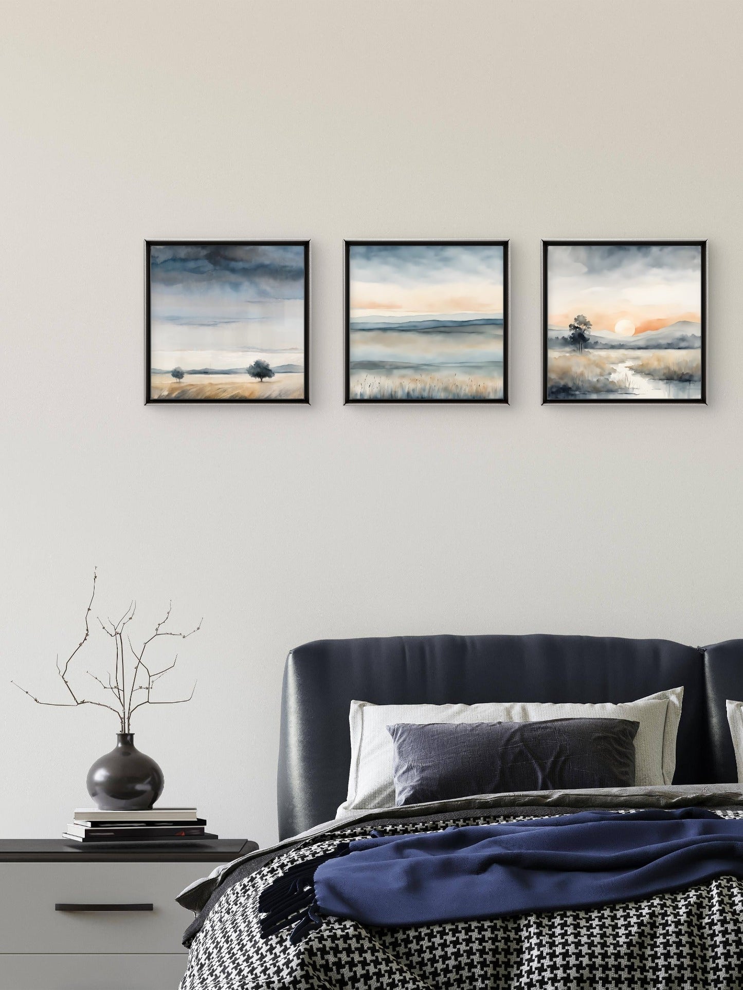 Blue Gold Wall Art Set of 3 – Abstract Blue & Gold Print Collection – Modern Living Room & Bedroom Decor - Byeutifull Art
