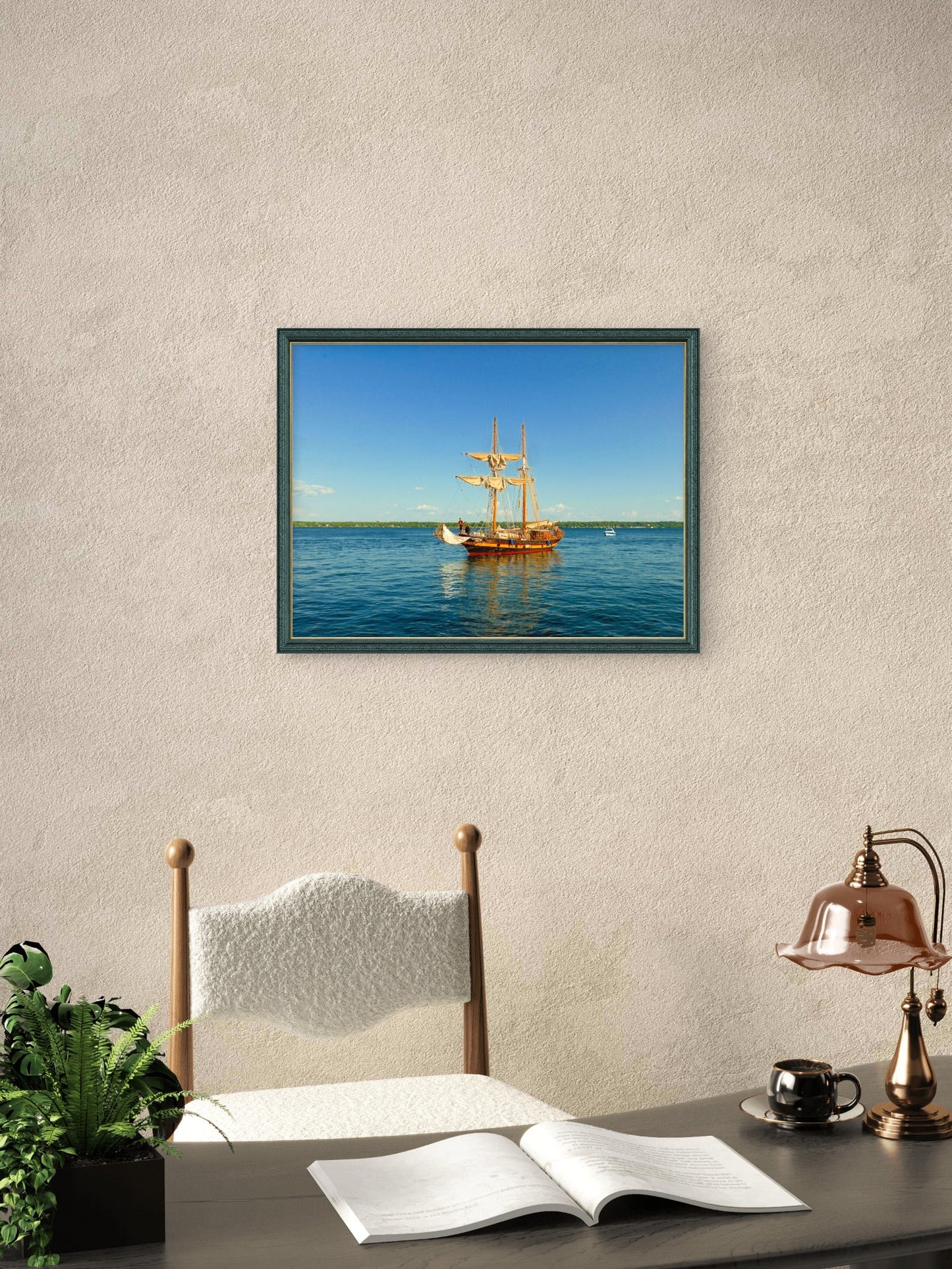 Graceful two - mast sailboat gliding beneath a flawless blue sky. - Byeutifull Art