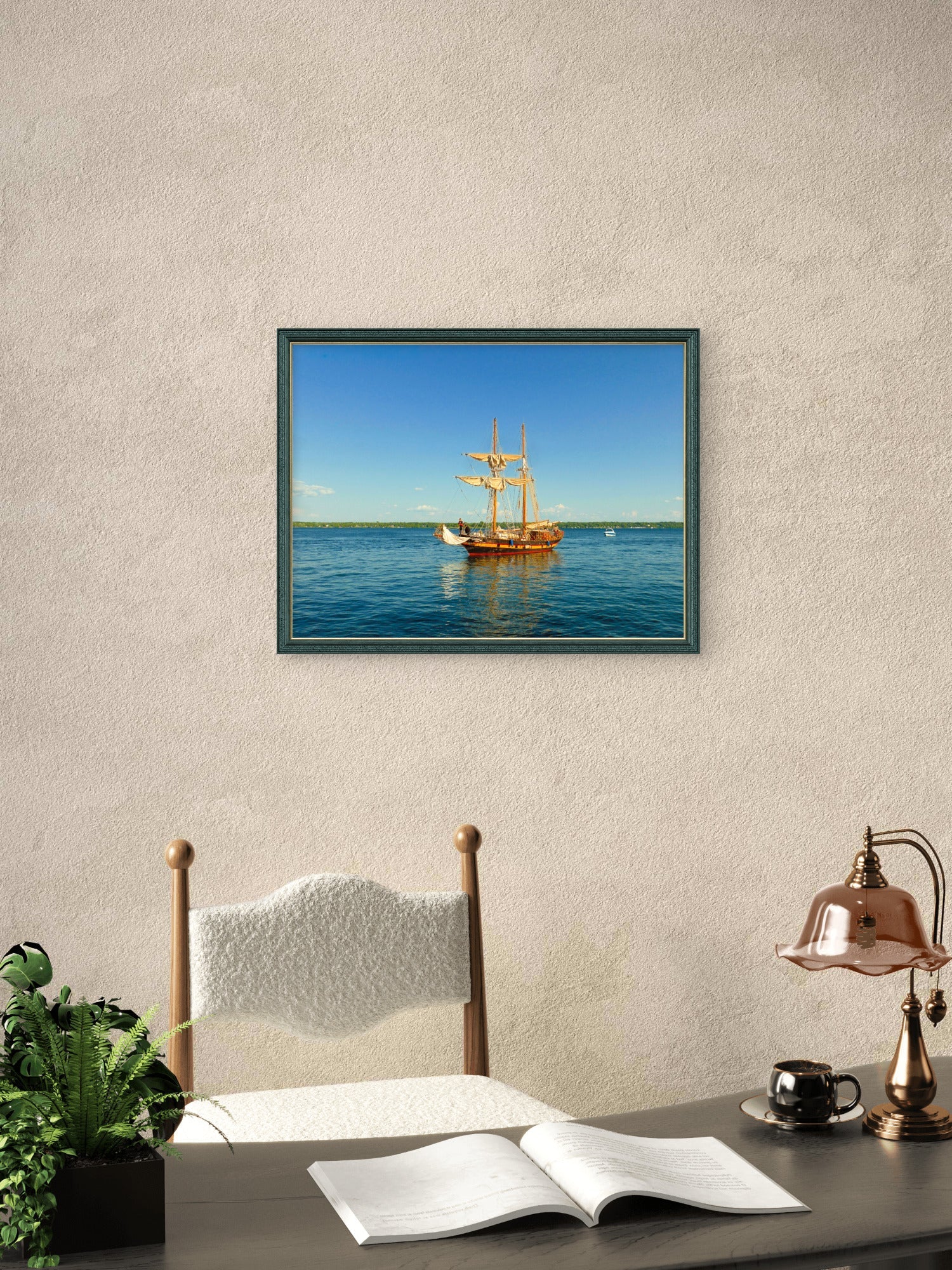 Graceful two - mast sailboat gliding beneath a flawless blue sky. - Byeutifull Art