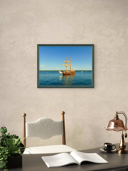 Graceful two - mast sailboat gliding beneath a flawless blue sky. - Byeutifull Art