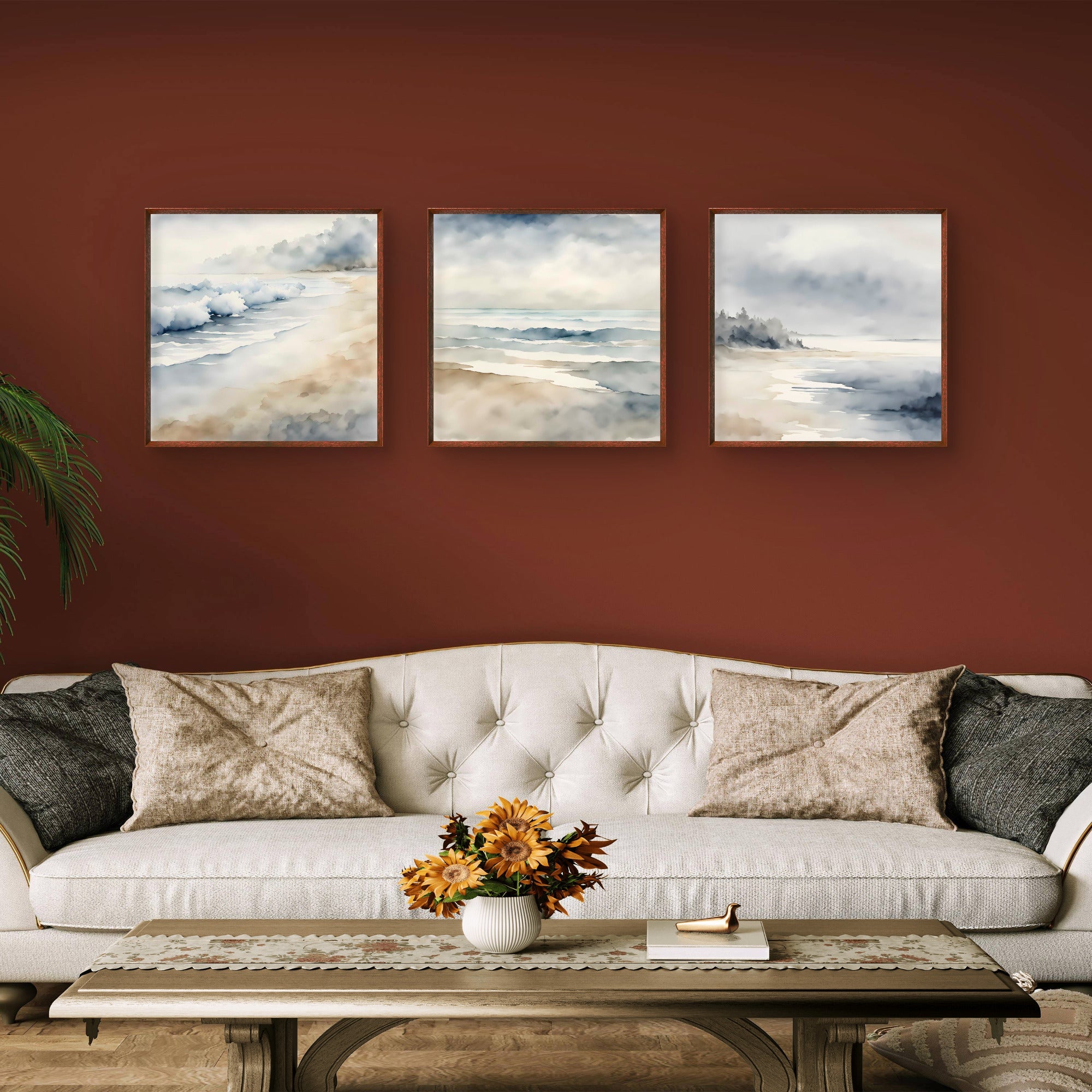 Neutral Coastal Wall Art Set of 3 – Soft Ocean Landscape Prints - Byeutifull Art