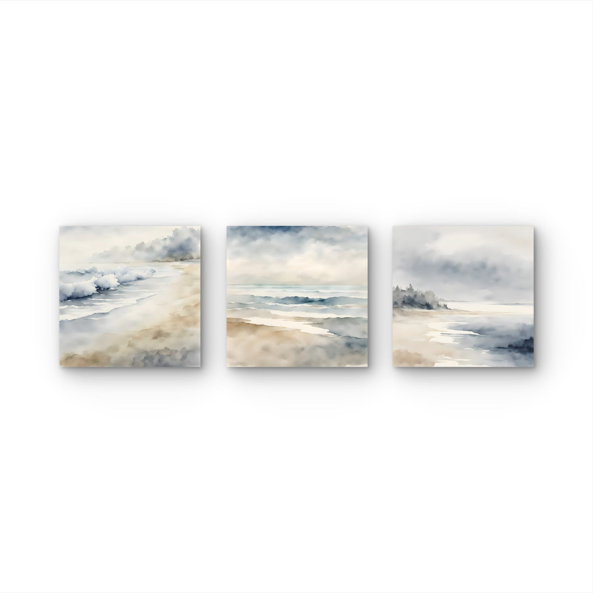 Neutral Coastal Wall Art Set of 3 – Soft Ocean Landscape Prints - Byeutifull Art