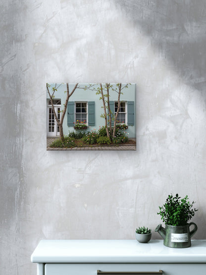 Turquoise Tranquility: Vintage House with Shuttered Windows & Garden - Byeutifull Art