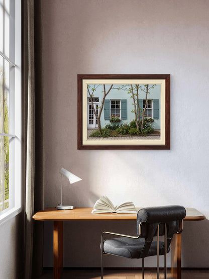Turquoise Tranquility: Vintage House with Shuttered Windows & Garden - Byeutifull Art