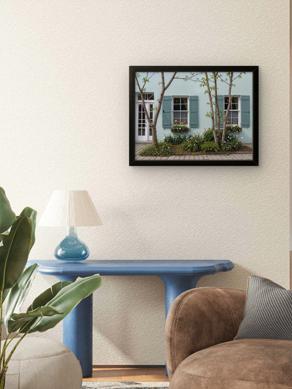 Turquoise Tranquility: Vintage House with Shuttered Windows & Garden - Byeutifull Art