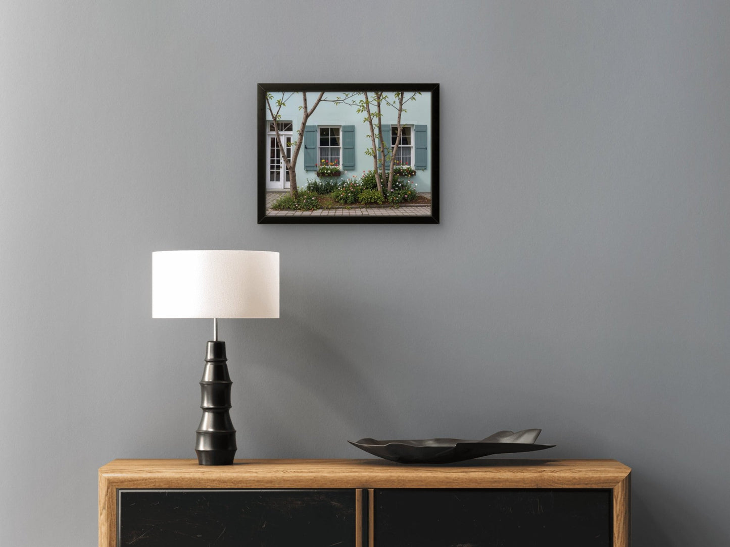 Turquoise Tranquility: Vintage House with Shuttered Windows & Garden - Byeutifull Art