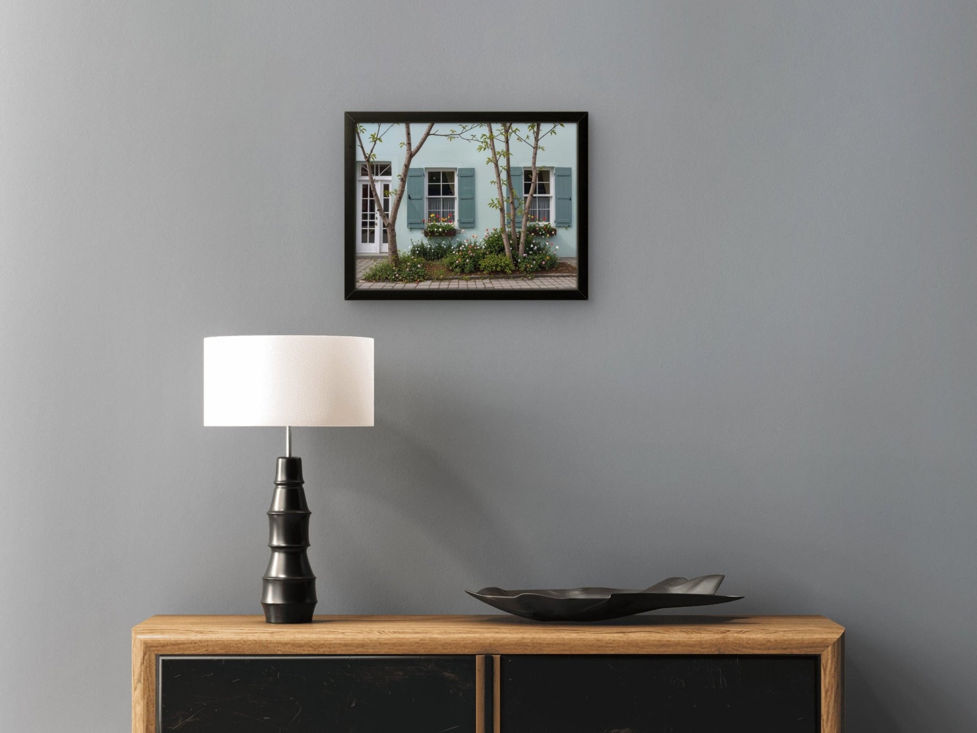 Turquoise Tranquility: Vintage House with Shuttered Windows & Garden - Byeutifull Art