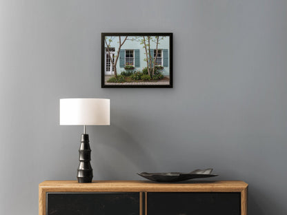 Turquoise Tranquility: Vintage House with Shuttered Windows & Garden - Byeutifull Art